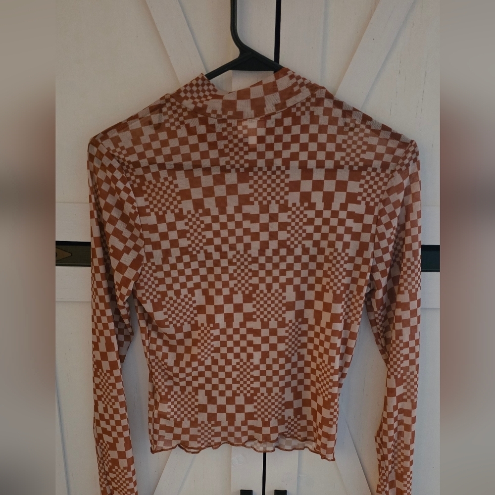 Self Esteem Checkered Rust Long Sleeve Sheer Top - Picture 3 of 4